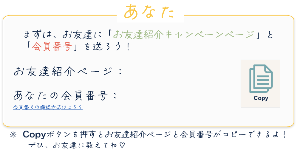 まずは、お友達に「お友達紹介キャンペーンページ」と「会員番号」を送ろう！