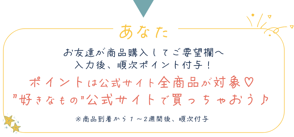 あなた お友達が商品購入してご要望欄へ入力後、順次ポイント付与！