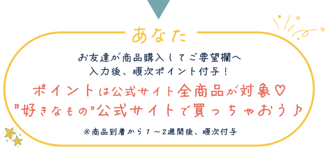 あなた お友達が商品購入してご要望欄へ入力後、順次ポイント付与！